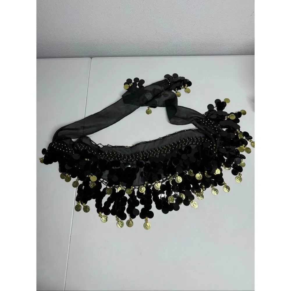 Vintage Belly Dance Hip Skirt Scarf Wrap Belt 2 Rows Gold Color Coins